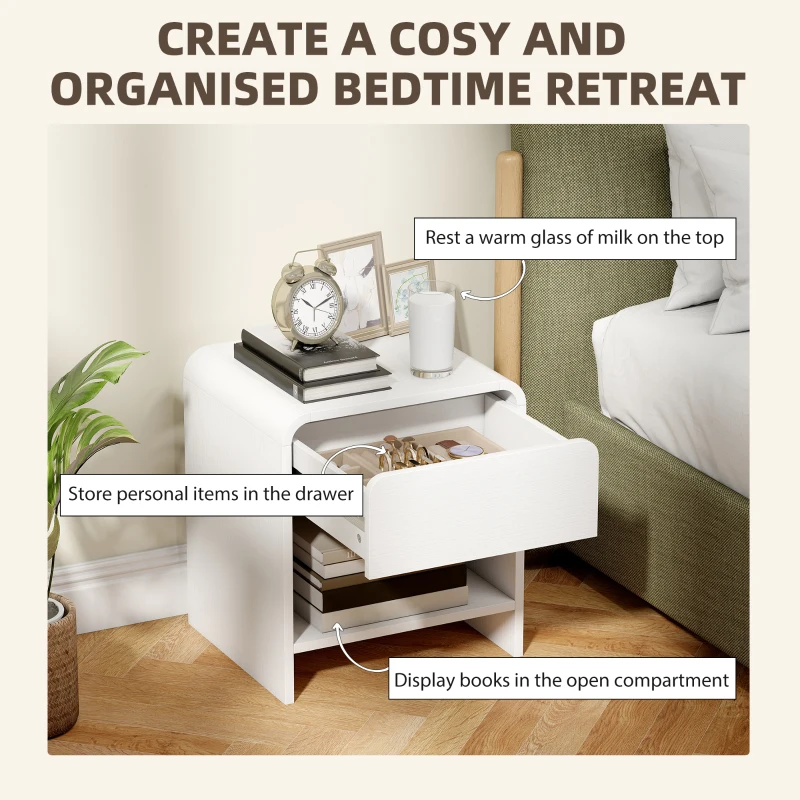 HOMCOM Nightstand Set of 2, Modern Bedside Table with Rounded Corners, Nightstand with Drawer and Open Shelf, Distressed White