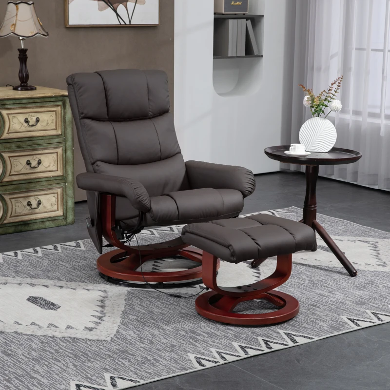 HOMCOM Swivel Recliner with Ottoman Massage, Recliner Chair and Ottoman, Faux Leather Reclining Chair with Remote, Brown