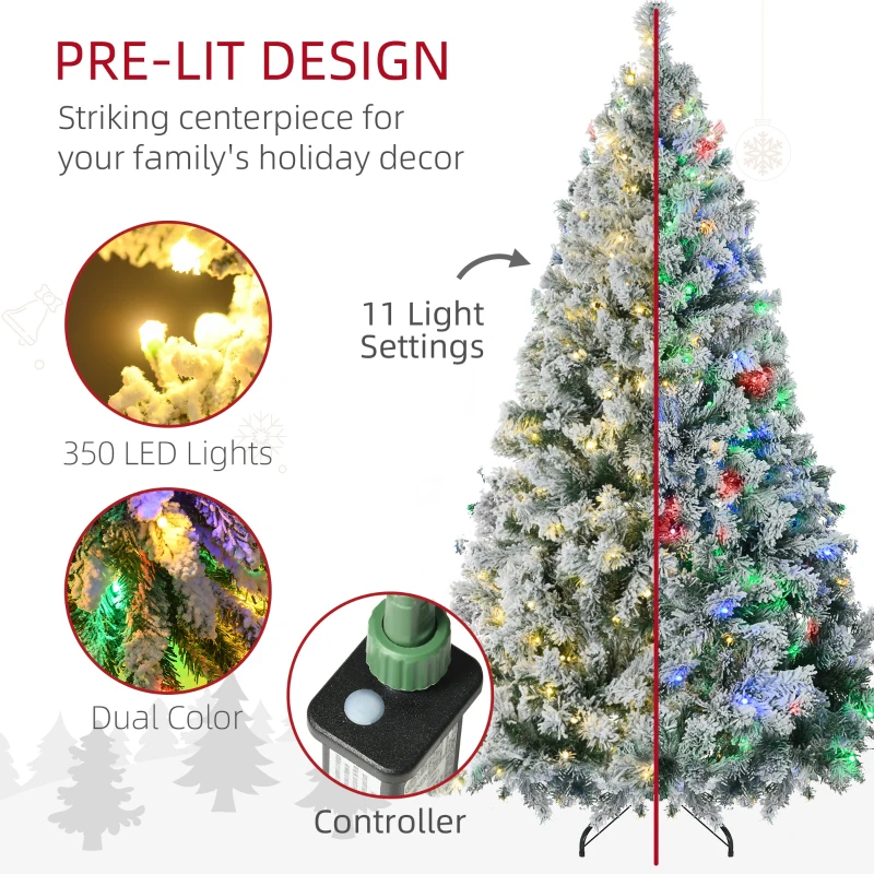 HOMCOM 6' Artificial Snow Christmas Trees with Frosted Branches, Warm White or Colorful LED Lights, Steel Base