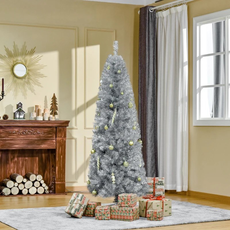 HOMCOM 6' Tall Unlit Slim Douglas Fir Artificial Christmas Tree with Realistic Branches, and 618 Tips, Silver