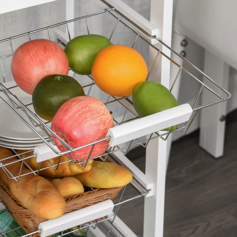 HOMCOM Mobile Kitchen Cart, Rolling Kitchen Island with Storage, Solid Wood Frame Utility Cart with Wire Fruit Baskets and Drawer, White