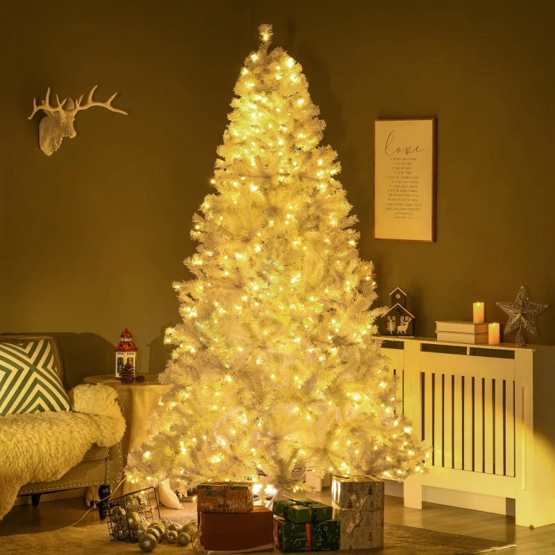 HOMCOM 7.5' Prelit Artificial White Christmas Trees Home Decor, with Warm White LED Lights, Auto Open, Steel Base
