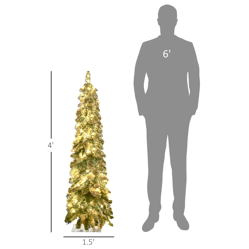 HOMCOM 4' Artificial Slim Christmas Trees, with Snow Frosted Branches, Warm White or Colorful LED Lights, Downswept Shape