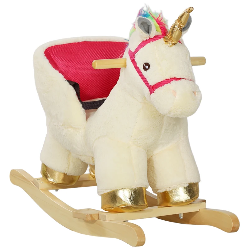 Qaba Kids Rocking Horse, Unicorn with Realistic Sound, Safety Belt & Wooden Base for 18-36 Months