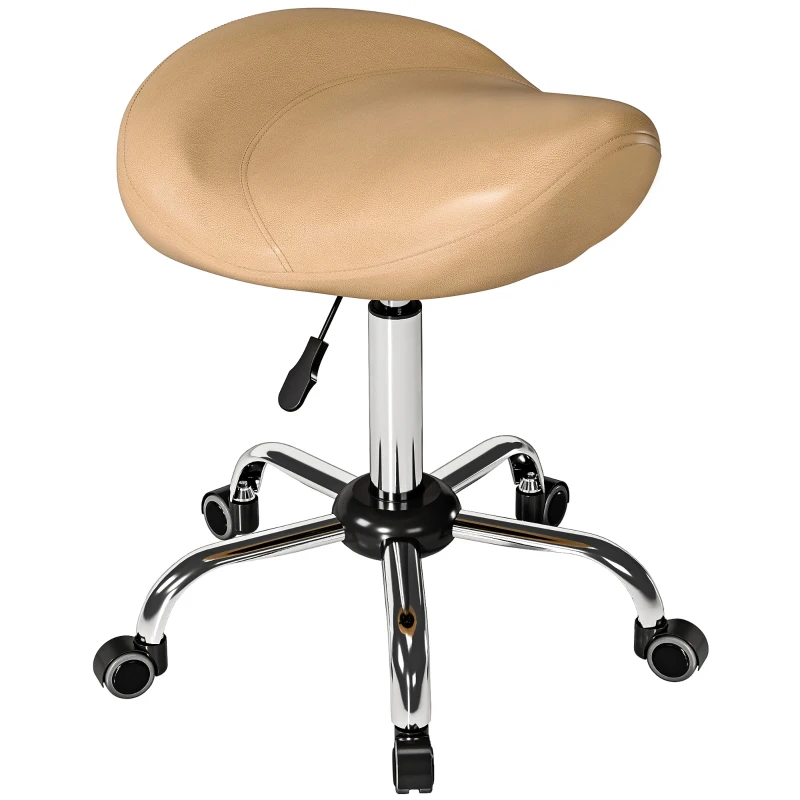 HOMCOM Ergonomic Saddle Stool with Wheels, Adjustable PU Leather Saddle Chair, 360° Swivel, NO Back Pain, Healthy Posture, Salon Chair for Massage Medical Home, Brown