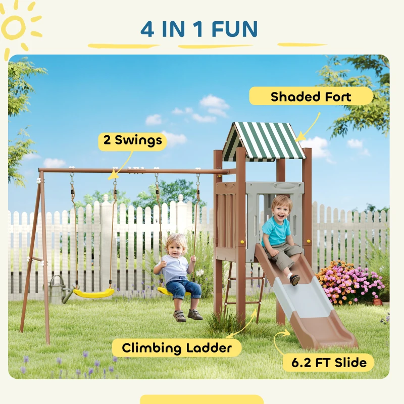 Qaba Kids Swing Set with 6 FT Slide, 2 Adjustable Swings, Fort with Canopy, Ladder, Ground Stakes for Ages 3-8, Brown