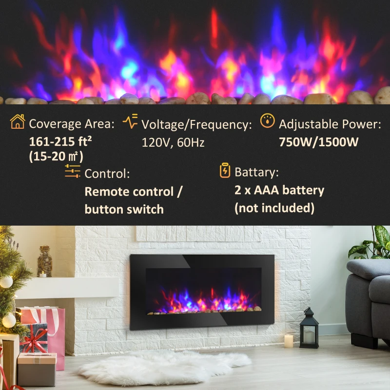 HOMCOM 36" Wall-Mounted Electric Fireplace, 750/1500W Fireplace Heater with Flame Effect, 7 Color Background Light and Side Light, Black