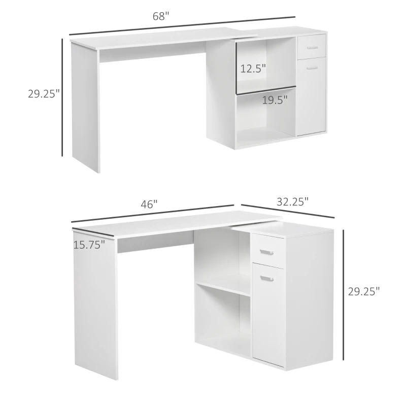 HOMCOM L Shaped Computer Desk, 180° Rotating Corner Desk with Storage Shelves, Drawer and Cabinet, Study Workstation, White