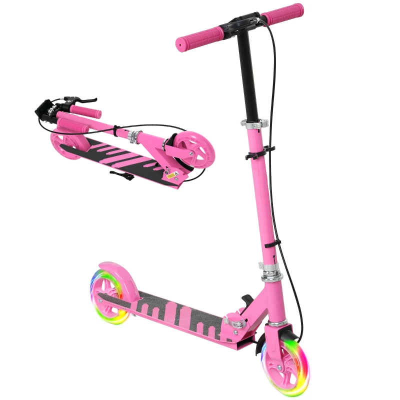 Qaba Scooter for Kids Ages 3-8 with Light Up Wheels, Adjustable Handlebar, Rear Brake & Handbrake for Girls and Boys, Pink