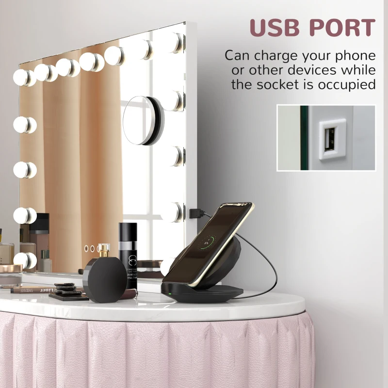 HOMCOM Hollywood Makeup Mirror with Lights, 3 Lighting Modes, USB Charging Port, Tabletop or Wall Mounted, White