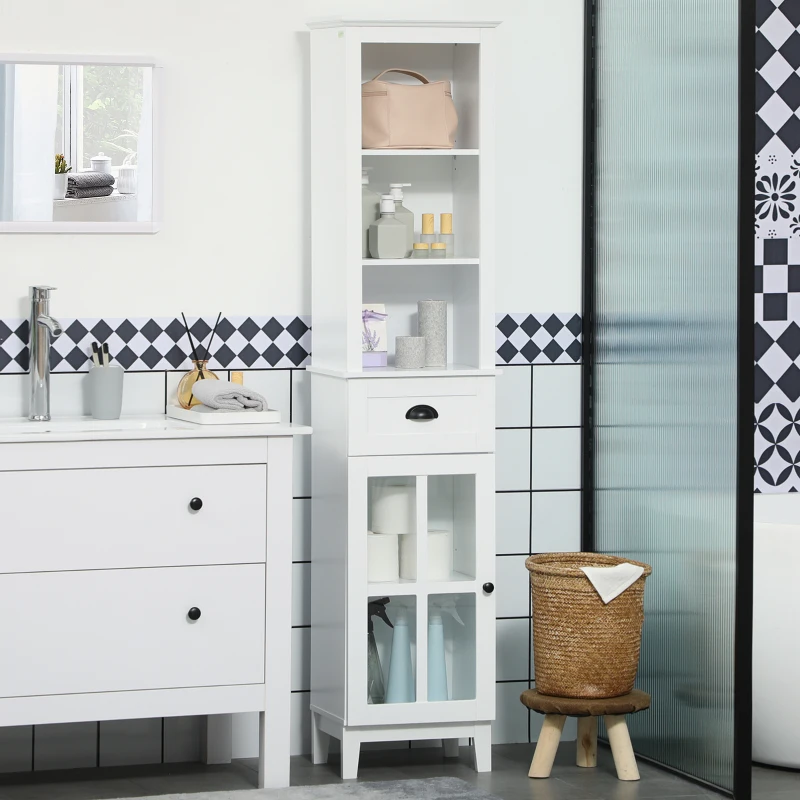 kleankin Slim Bathroom Storage Cabinet Door & Shelves Linen Tower, White