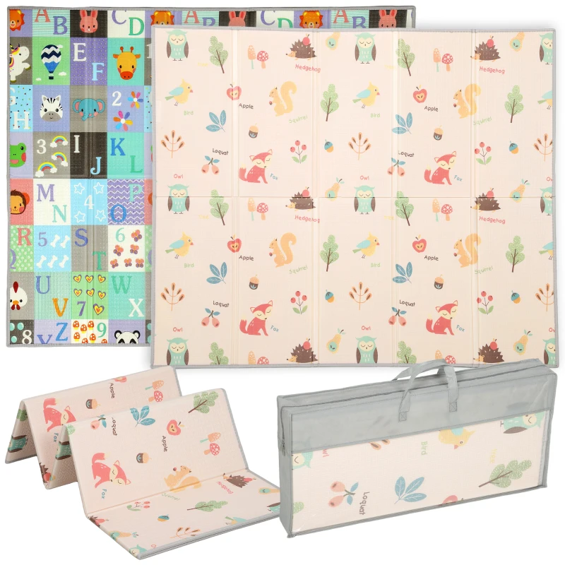 Qaba Foldable Baby Plat Mat, 71" x 59" Kids Floor Mat for Crawling and Learning, Number & Animal Theme