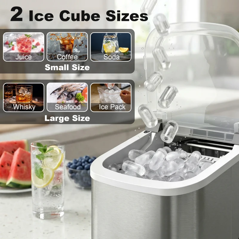 HOMCOM Portable Ice Maker Countertop, Self-Cleaning Ice Machine with 2 Bullet Ice Sizes, Ice Scoop, Silver