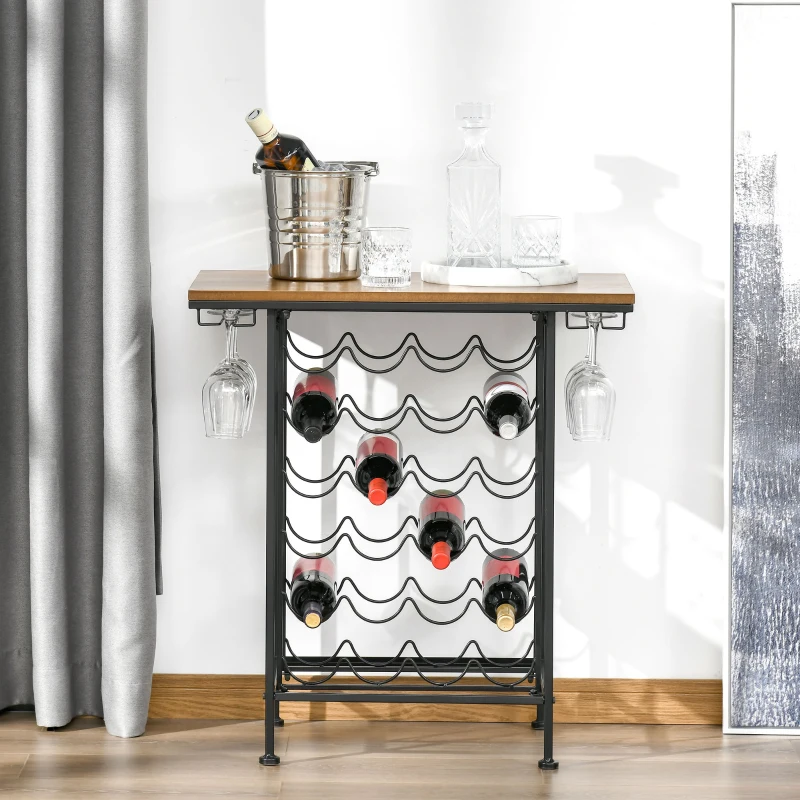 HOMCOM 24-Bottle Industrial Modern Wine Rack Table, Freestanding 6 Tier Wine Bottle Organizer with Glass Stemware Holder , Natural / Black