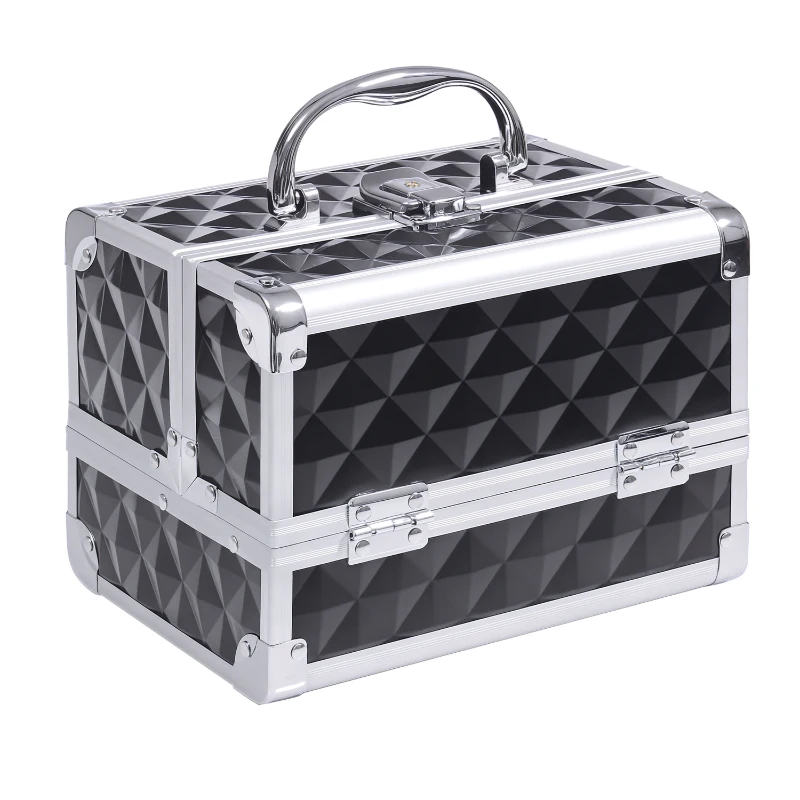 HOMCOM 3 Tier Diamond Texture Makeup Train Case Cosmetic Organizer with Mirror, Black
