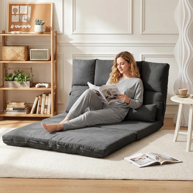 HOMCOM Convertible Recliner Sofa, Folding Floor Sofa Chair with Adjustable Backrest and Headrest, Dark Gray