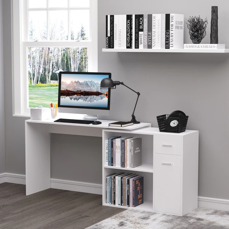 HOMCOM L Shaped Computer Desk, 180° Rotating Corner Desk with Storage Shelves, Drawer and Cabinet, Study Workstation, White