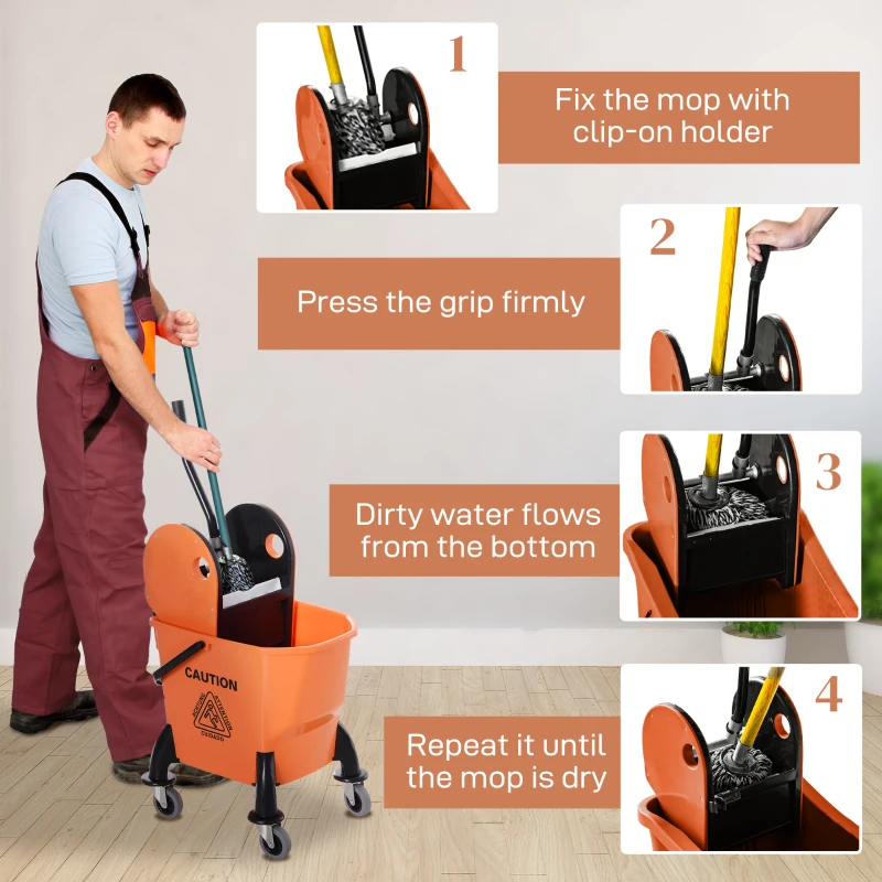 HOMCOM 6.9 Gal/26L Mop Bucket, Mop Bucket with Wringer, Wheels and Handle, Orange