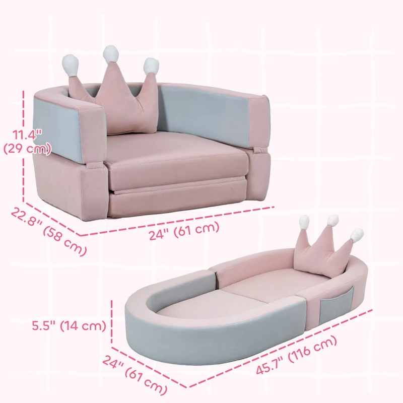 Qaba 3-in-1 Convertible Climbing Toys for Toddlers with Crown Cushion, Fold Out Toddler Couch to Lounger & Play Area, Pink