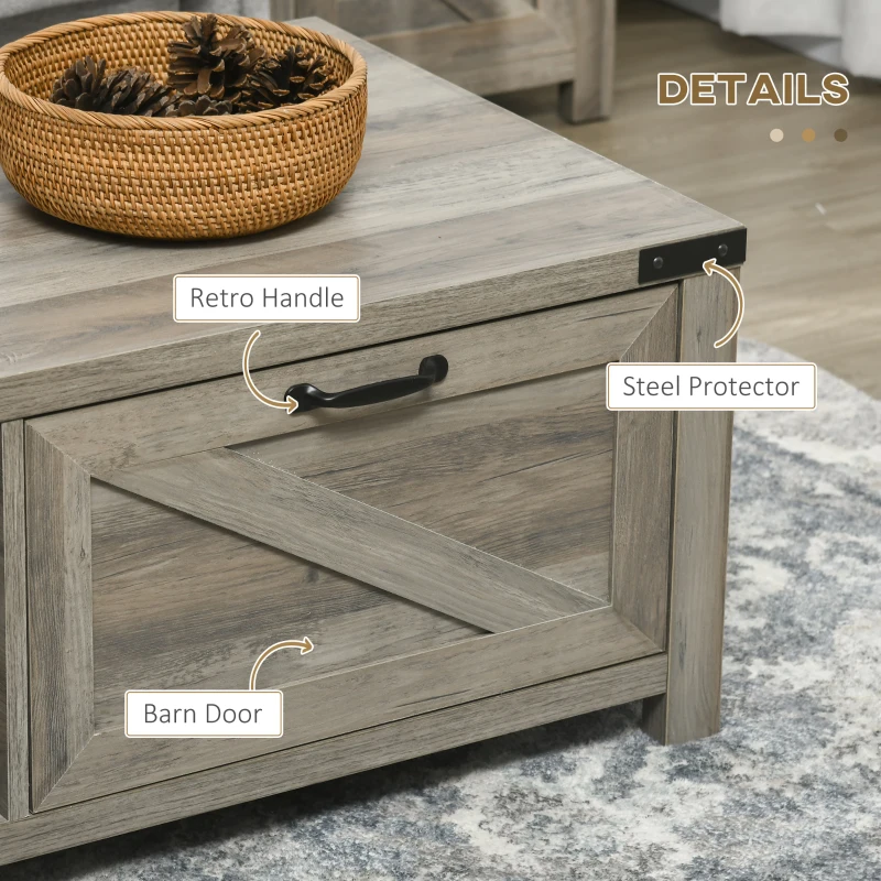 HOMCOM Farmhouse Coffee Table with Storage and Drawer, Rustic Coffee Table for Living Room, Open Shelf, Gray Oak