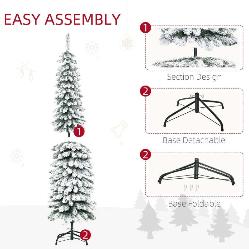HOMCOM 6' Tall Unlit Slim Pencil Xmas Tree, Snow Flocked Artificial Christmas Tree with Realistic Branches and 603 Tips, Green