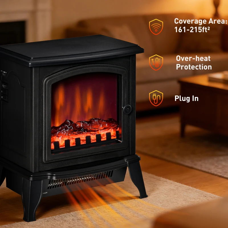 HOMCOM Electric Fireplace Heater, Freestanding Fireplace Stove with Realistic Flame Effect, Overheat Safety Protection, 750W/1500W, Black