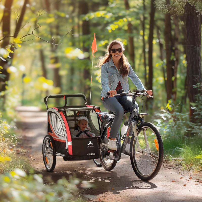 Aosom 2-in-1 Walk/Ride Child Baby Bike Trailer for Kids 2 Seater, High-Visibility Bike Stroller for Toddler Wagon, Weather-Strong Double Bicycle Trailer Accessory, Red