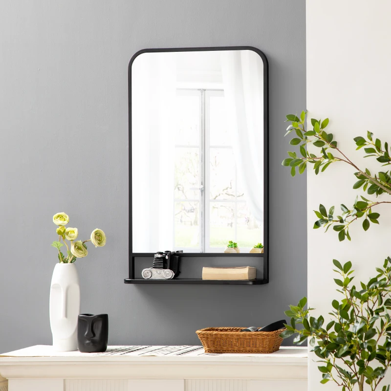 HOMCOM 34" x 21" Rectangle Modern Wall Mirror with Storage Shelf, Mirrors for Wall in Living Room, Bedroom, Black