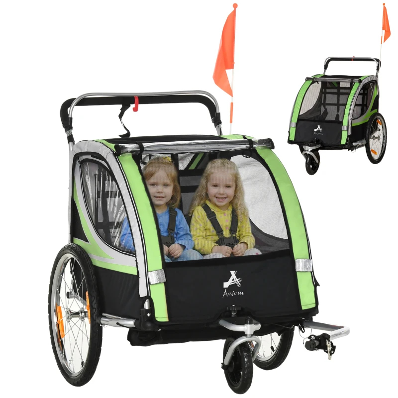 Aosom 2 Seat Bike Trailer for Kids 2-in-1 Double Baby Stroller with Handbrake, Rubber Wheels, 5 Point Harness, Waterproof Cover, Storage Bag, Reflectors, Green
