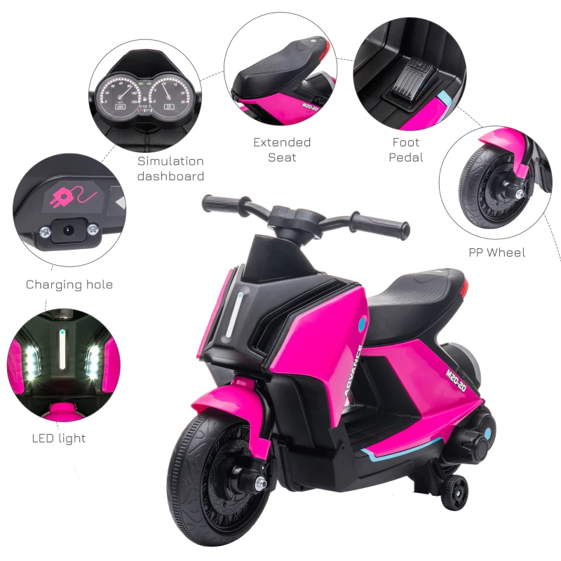 Aosom 6V Kids Motorcycle Dirt Bike Electric Battery-Powered Ride-On Toy Off-road Street Bike with Music, Headlights, Rechargeable Battery, Training Wheels, for Ages 2-4, Pink