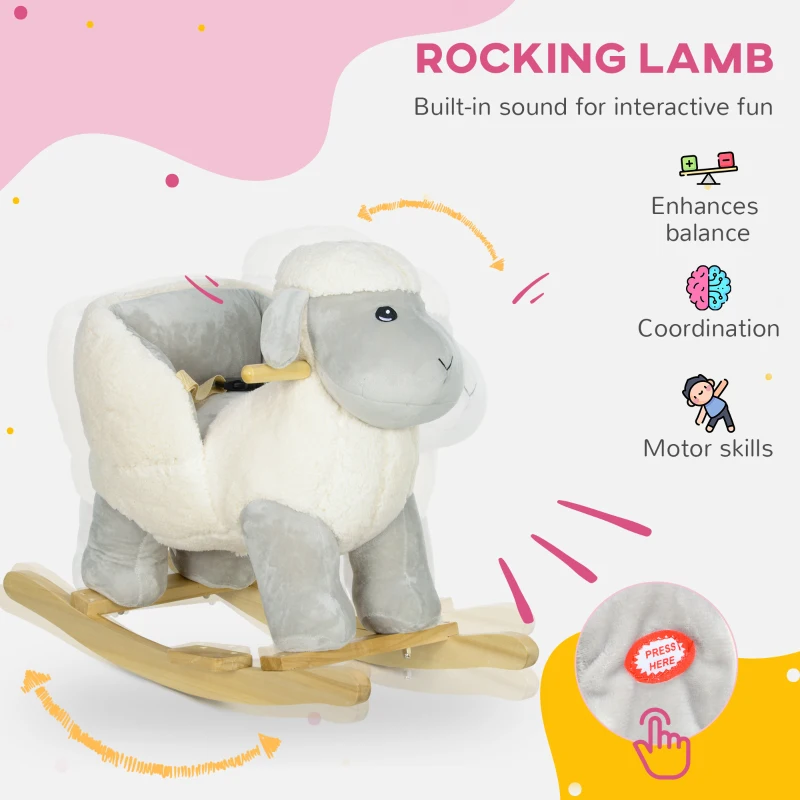 Qaba Baby Rocking Horse Lamb with Seat Belt, Sounds & Pedals for Kids 18-36 Months, Gray
