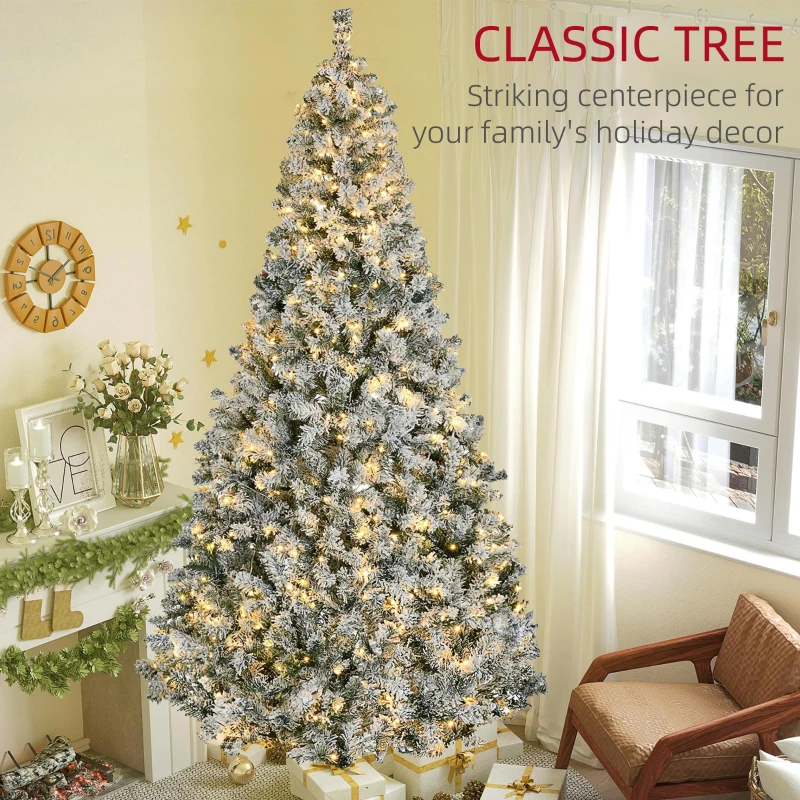 HOMCOM 9' Prelit Artificial Flocked Christmas Trees, with Snow Frosted Branches, Warm White LED Lights, Auto Open