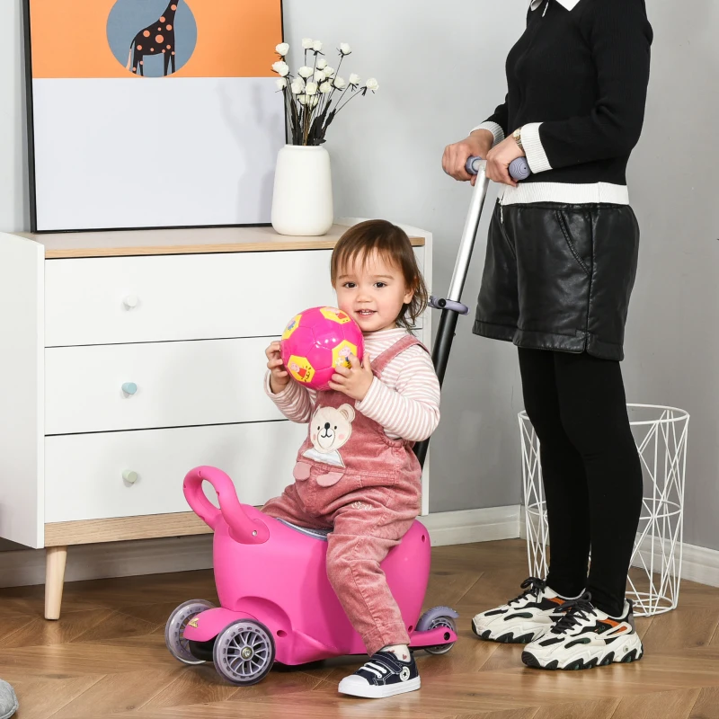 Qaba 3-in-1 Ride On Push Car, Kids Scooter, Sliding Walker, Push Rider, with Adjustable Handlebar, 3 Balanced Wheels, Removable Storage Seat, for Boys and Girls Aged 2-6 Years Olds, Pink