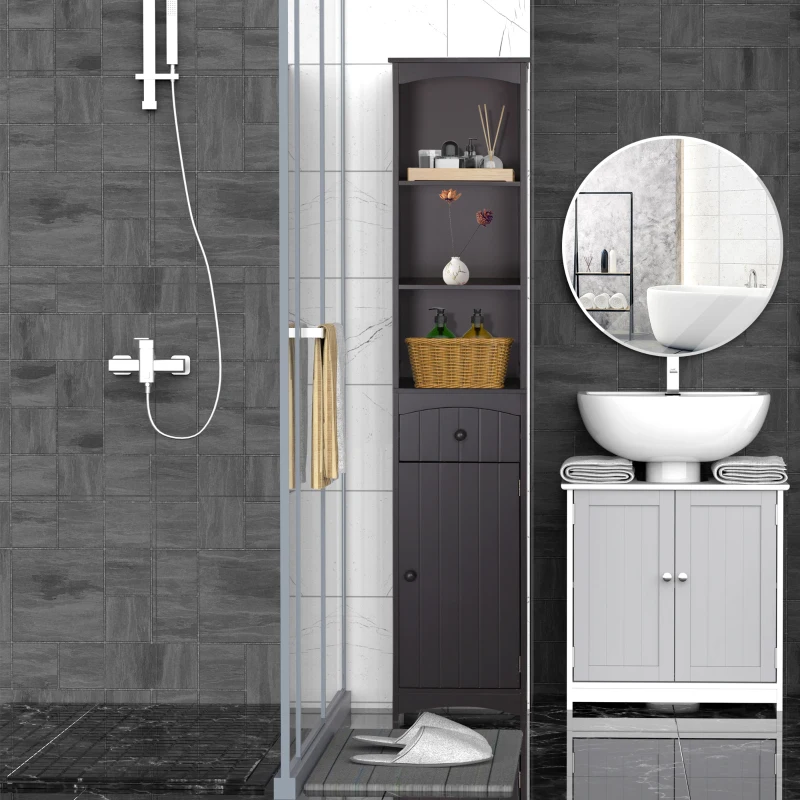 HOMCOM Bathroom Storage Cabinet, Free Standing Bathroom Storage Unit, Tall Linen Tower with 3-Tier Shelves and Drawer, Brown