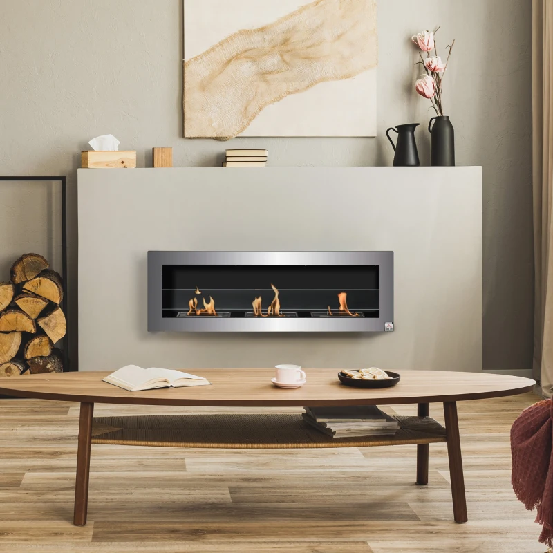 HOMCOM Ethanol Fireplace, 47.25" Wall-Mount 0.3 Gallon Steel 215 Sq Ft., Burns up to 3 Hours, Silver
