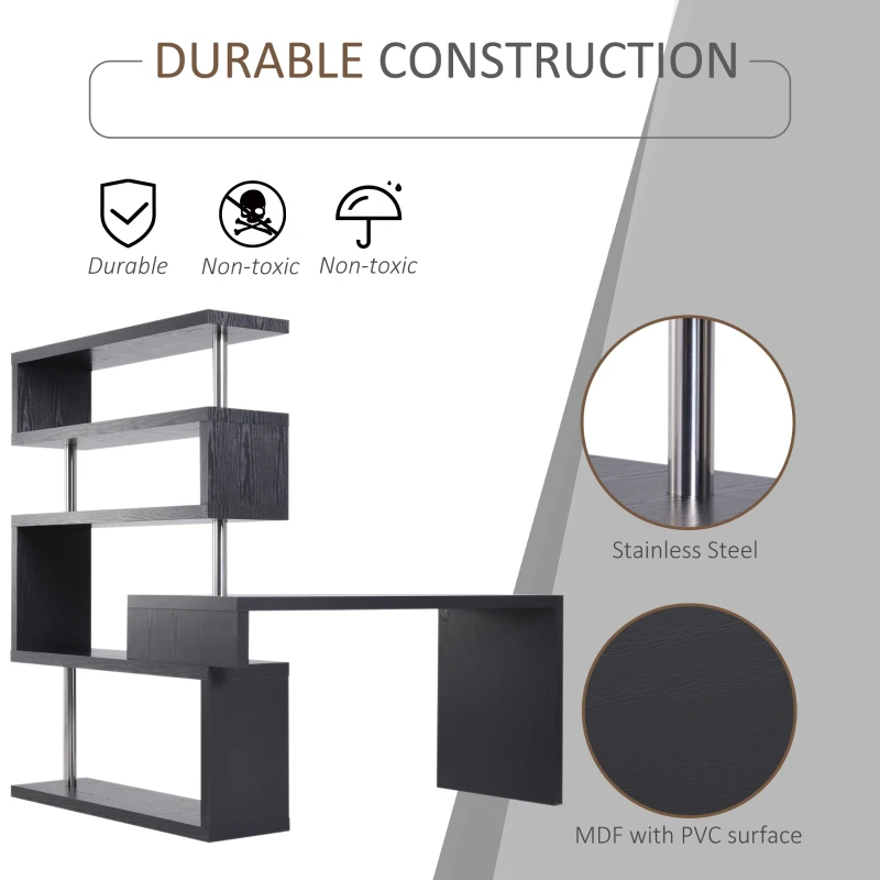 HOMCOM 94" 5 Tier L-Shaped Computer Desk Rotating Writing Table Corner Desk with Display Shelves and Stainless Steel Frame, Black