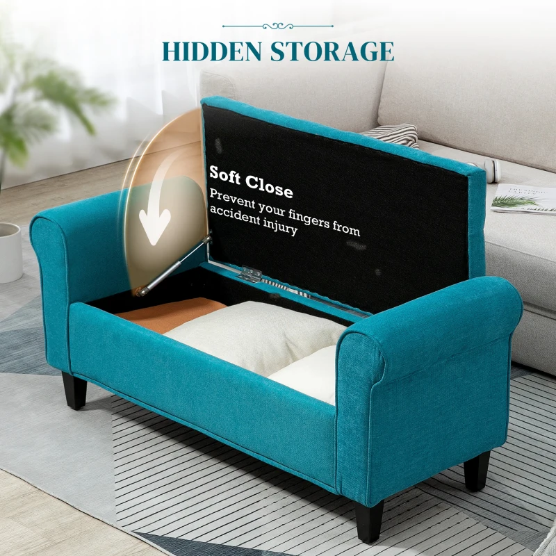 HOMCOM 50 Inches Storage Ottoman, End of Bed Bench with Rolled Arms, Wood Legs, Button Tufted Storage Bench, Teal