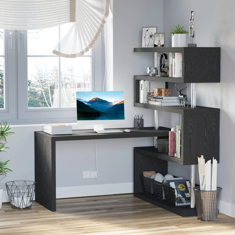 HOMCOM 94" 5 Tier L-Shaped Computer Desk Rotating Writing Table Corner Desk with Display Shelves and Stainless Steel Frame, Black