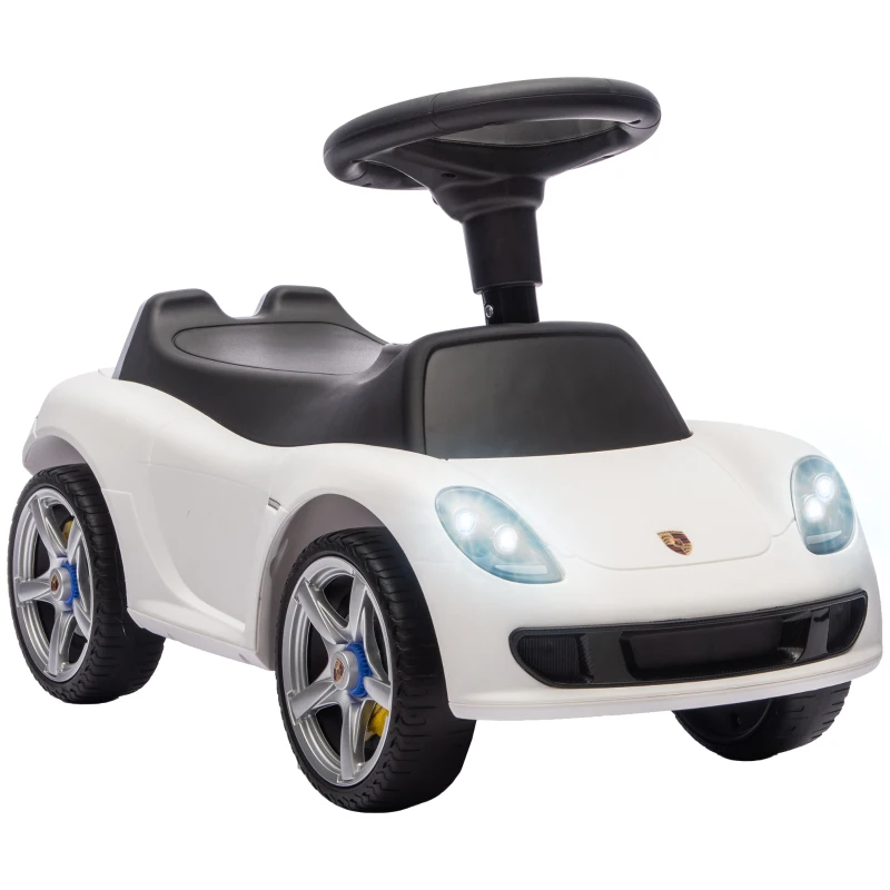 Qaba Toddler Push Car with Horn, Lights, Start-Up Sound, Ride on Car with Steering Wheel, Foot Rest, for 18-36 Months, White