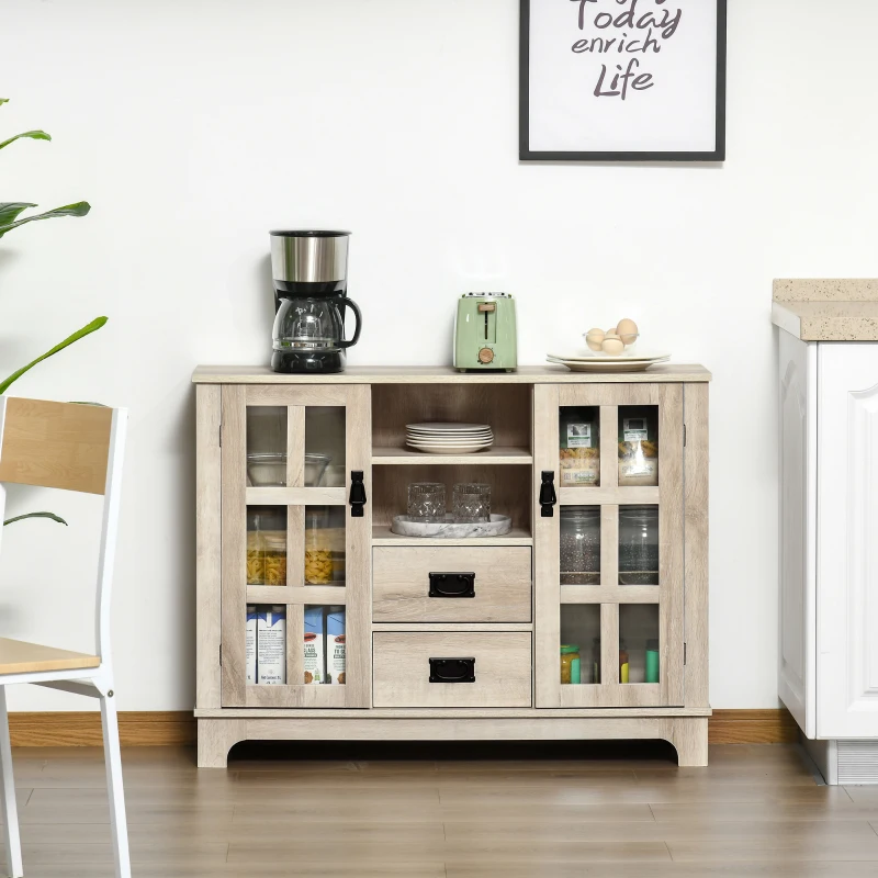 HOMCOM Sideboard Buffet Cabinet with Glass Door, Coffee Bar Cabinet with Storage Drawers & Adjustable Shelves for Kitchen, Living Room, White Oak