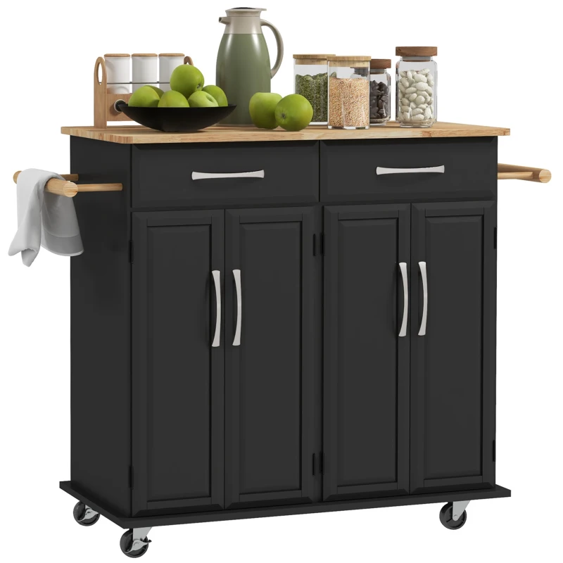 HOMCOM Kitchen Island on Wheels with Rubberwood Top, Rolling Kitchen Cart with 2 Drawers, 4 Doors and Adjustable Shelves
