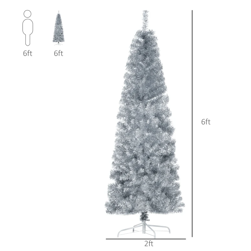 HOMCOM 6' Tall Unlit Slim Douglas Fir Artificial Christmas Tree with Realistic Branches, and 618 Tips, Silver