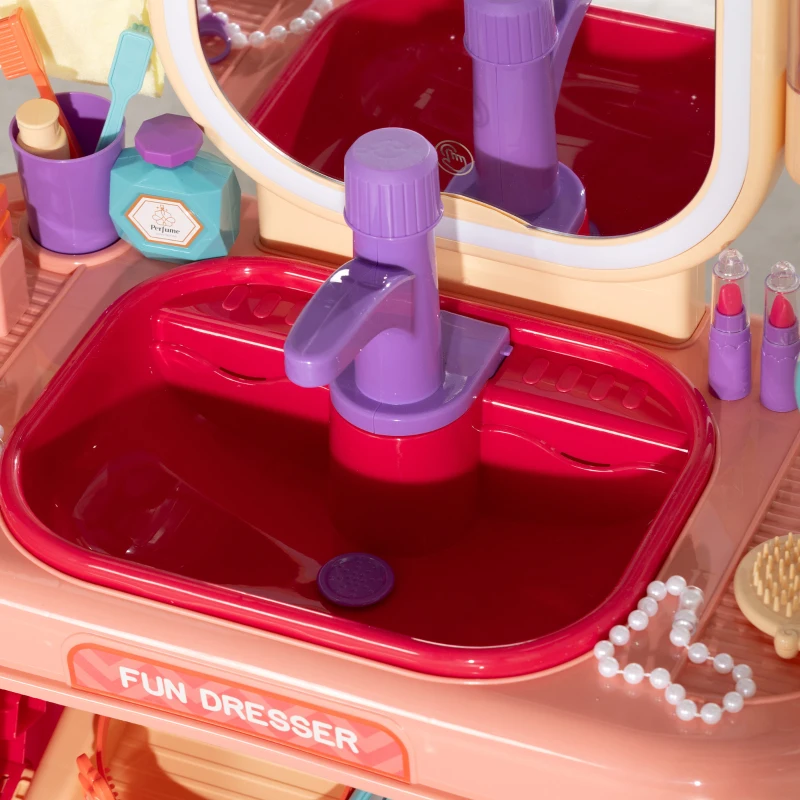Qaba Kids Vanity Set with Mirror, LED Light, Music, 23 Accessories, Pretend Play Set for Girls 3-6 Years, Pink