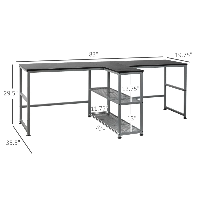 HOMCOM 83" Two Person Computer Desk with 2 Storage Shelves, Double Desk Workstation with Book Shelf, Long Desk Table, Black