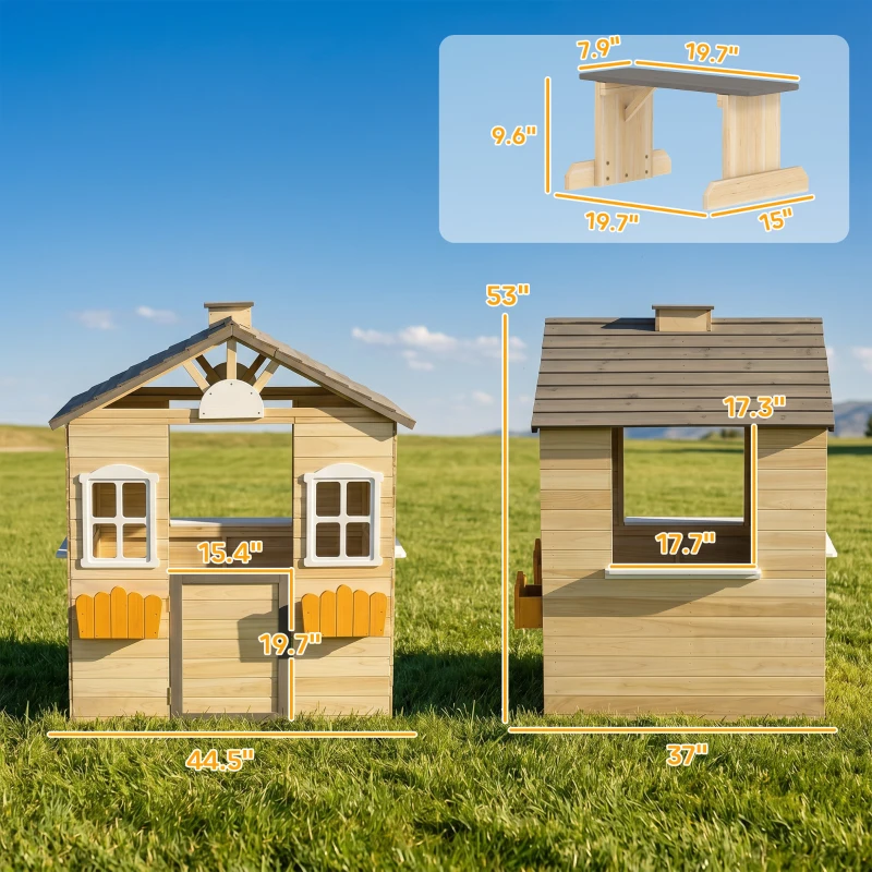 Outsunny Outdoor Playhouse, Wooden Kids Playhouse with Working Door, Windows, Bench, Service Station, Flower Pot Holder, Cottage Play House for 3-7 Years Old Pretend Play, Natural
