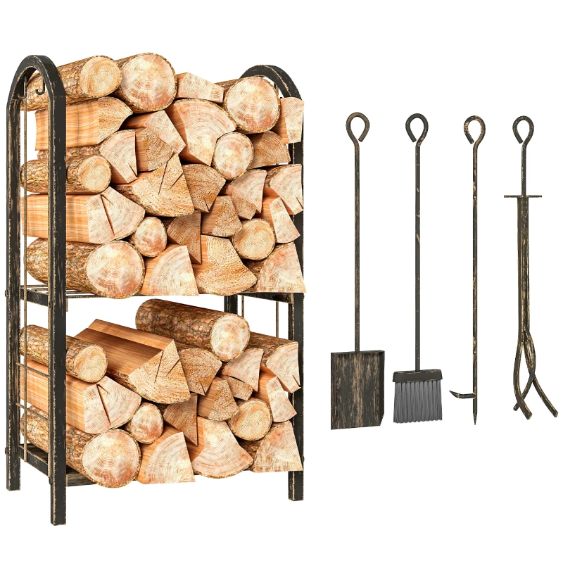 Outsunny 2-Tier Outdoor Firewood Rack with 4 Fireplace Tools, 220 lbs Capacity Metal Log Holder for Fireplace, Coffee Brown