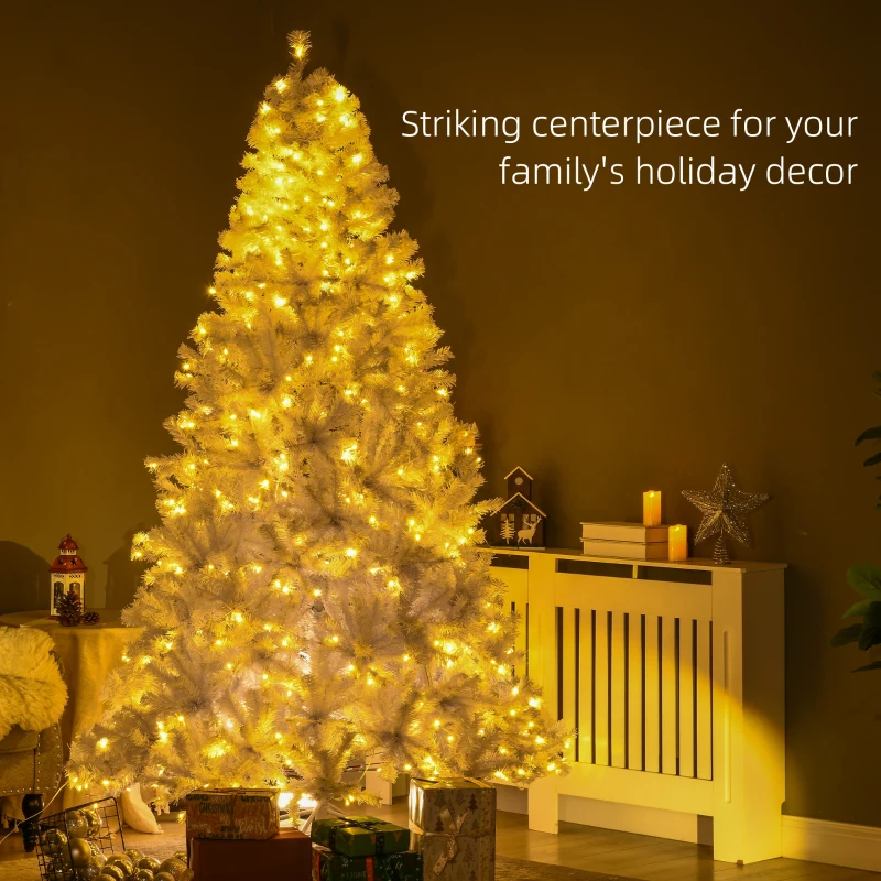 HOMCOM 7.5' Prelit Artificial White Christmas Trees Home Decor, with Warm White LED Lights, Auto Open, Steel Base