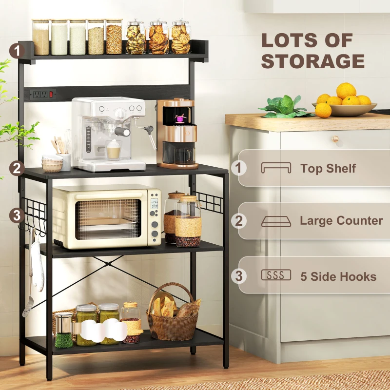 HOMCOM Kitchen Baker's Rack with Power Outlet, Coffee Bar Station with Adjustable Shelves and Hooks, Distressed Black