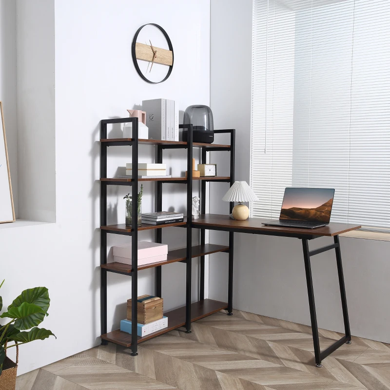 HOMCOM 5 Tier Versatile L-Shaped Computer Desk, Writing Table with Display Shelves and Metal Frame, Space-Saving for Study, Home Office, Walnut