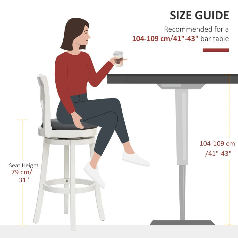 HOMCOM Traditional Bar Height Bar Stool, 31 Inch Seat Height Barstool, Swivel PU Leather Upholstered Chair, with Cross Back and Rubberwood Frame, Set of 2, Cream White